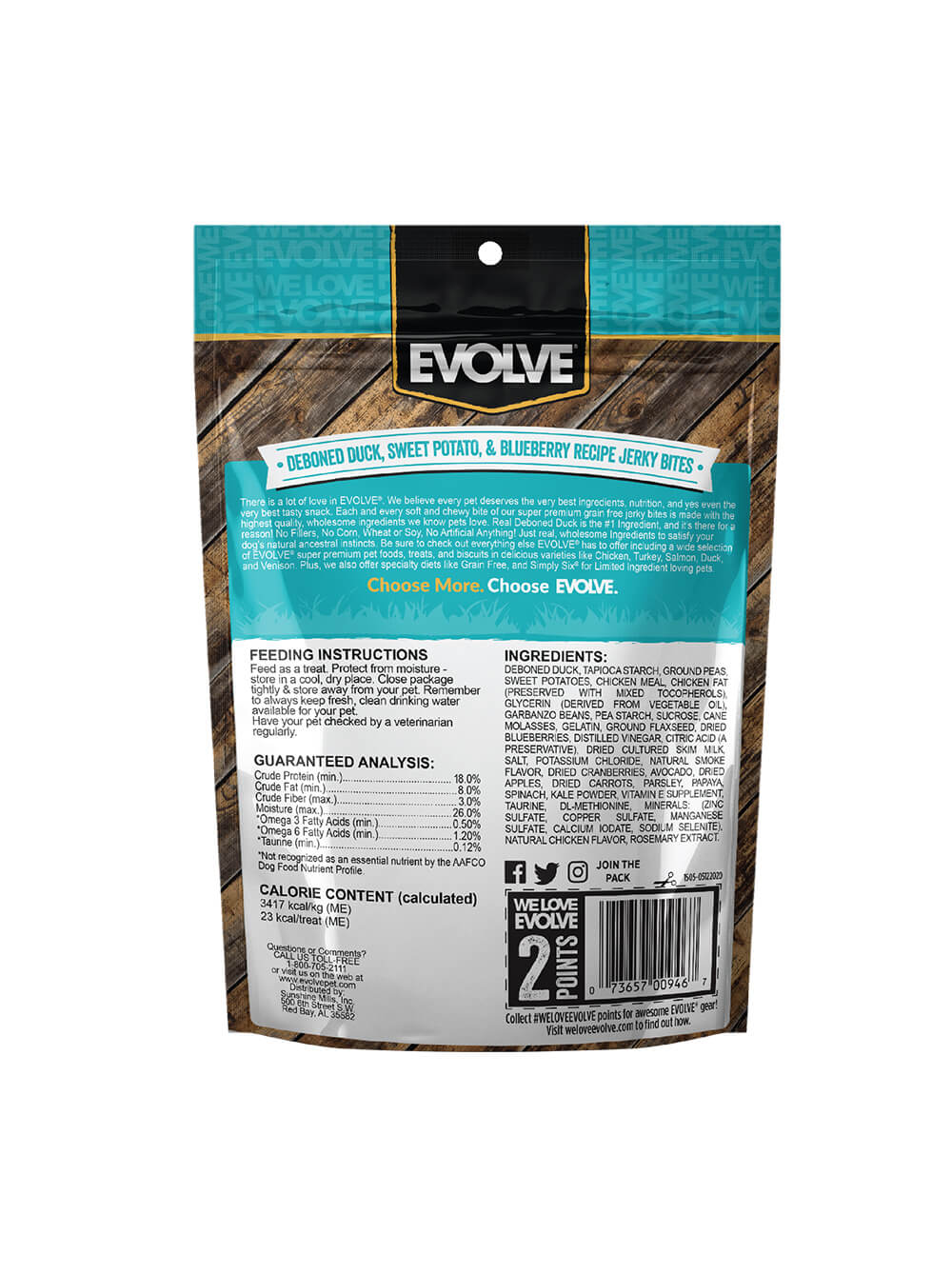 EVOLVE Snack para Perros Jerky Bites Grain Free - Pato 340gr