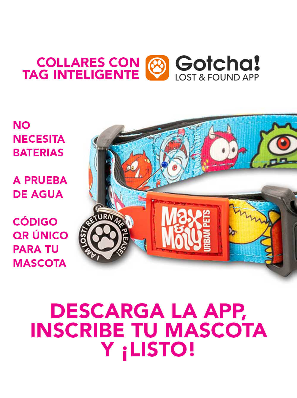 MAX & MOLLY Collar para Perro Little Monsters Smart ID - Large